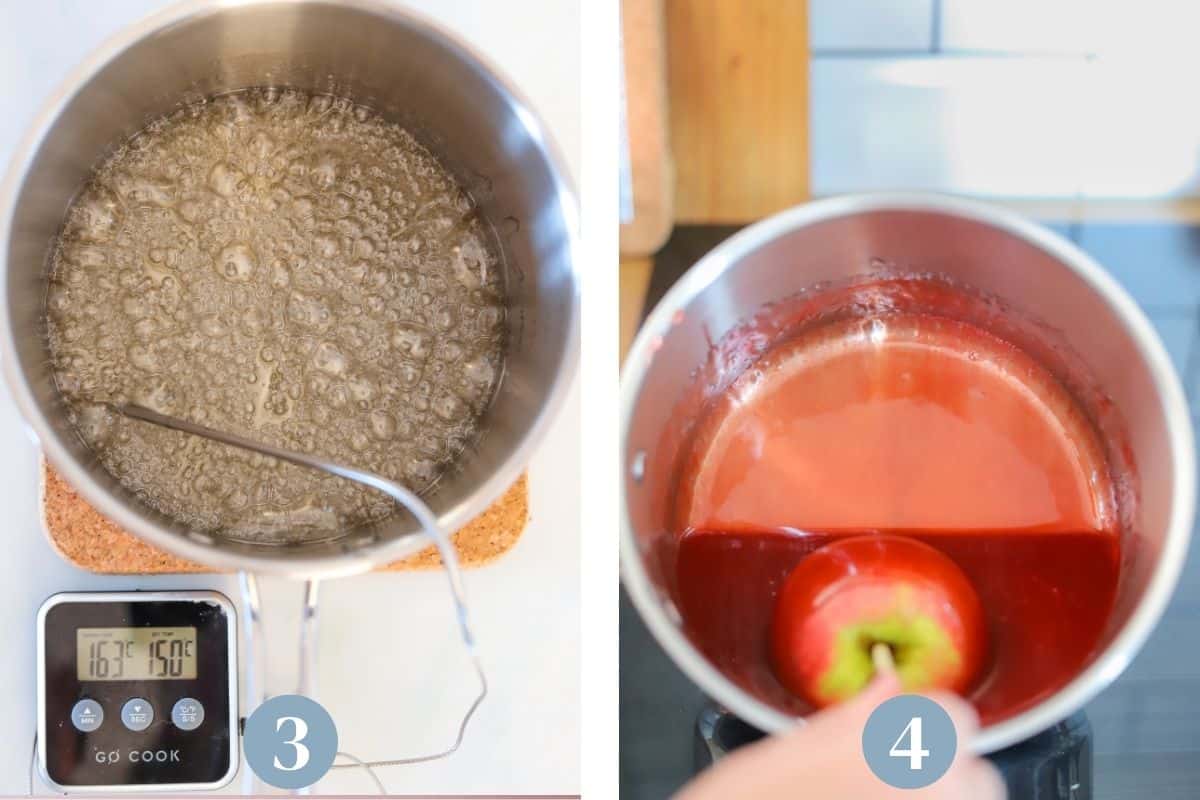 Two images side by side. One of the candy bubbling in a pan with a sugar thermometer and the other with an apple being dipped into the candy.