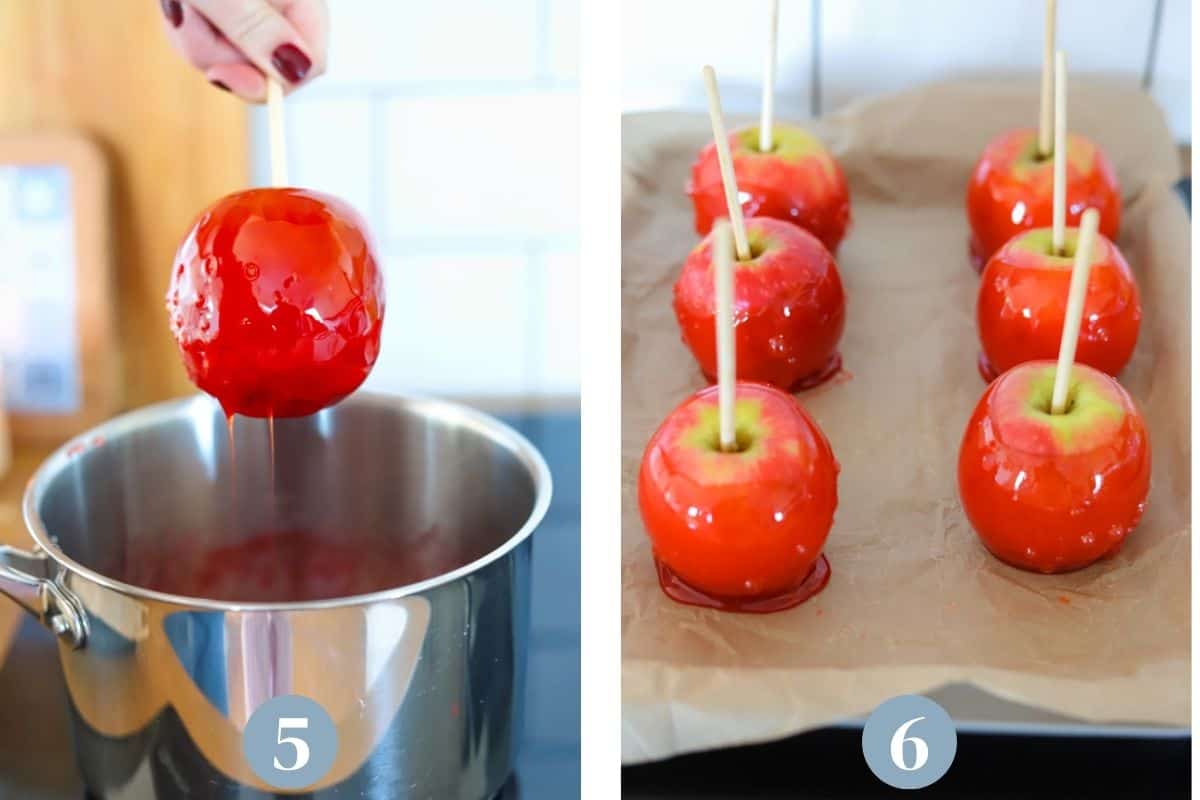 Two images side by side. One of a candy apple being removed from a pan and the other of them setting on parchment paper.
